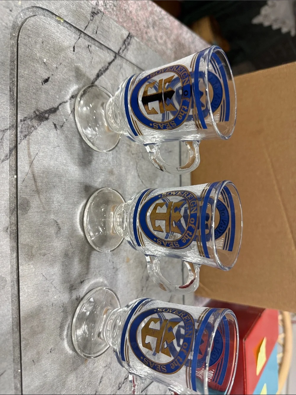 Vintage Blue & Gold Emblem Glass Mugs - Set of 3